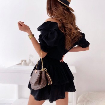 Off Shoulder Short Sleeve Black Mini Woman Dress 2021 Summer Club Ruffles Elastic Waist Ladies 